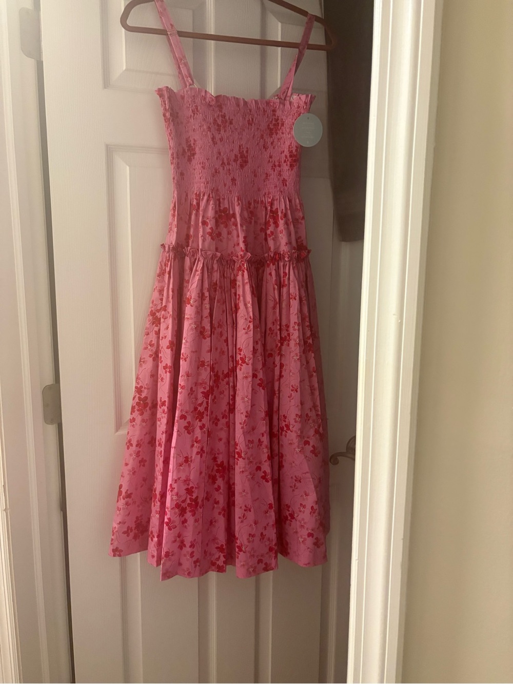 Smocked Pink Floral Midi Dress with Adjustable Straps